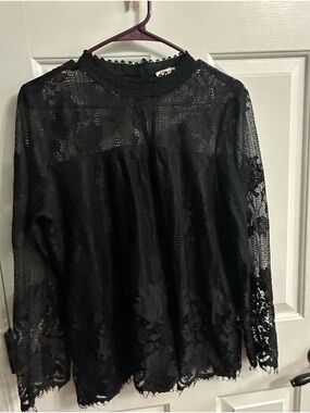 Ultra Pink Black Sheer Lace High-Neck Long Sleeve Blouse